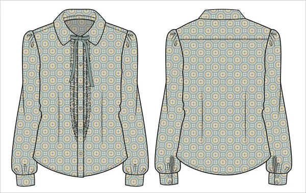 可编辑矢量文件中女职员办公室穿的带褶边前排的长袖袖口和几何图案的花盘领口 — 图库矢量图片
