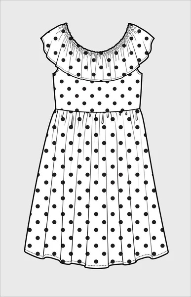 編集可能なベクトルで子供や10人の女の子のためのフリルポルカドレスをオフに袖を着用 — ストックベクタ