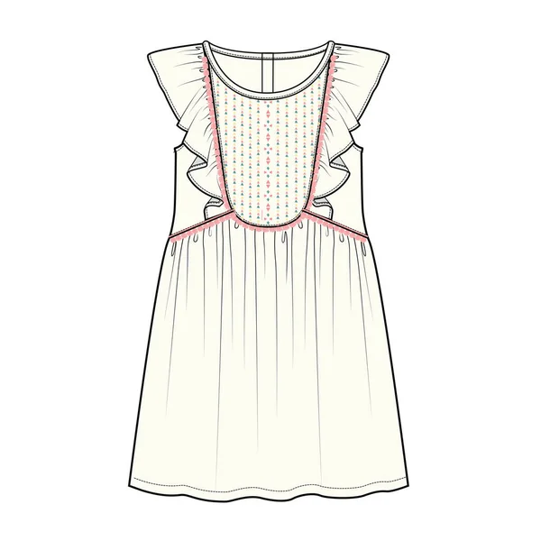 Frilled Woven Dress Mit Verbroidertem Bib Und Pom Pom Lace — Stockvektor
