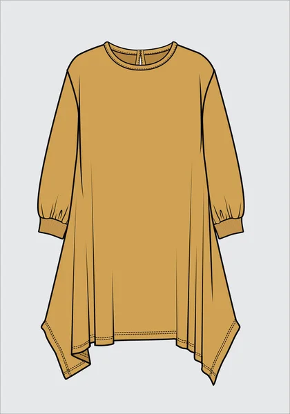 Длинные Сны Knit Dress Асимметричной Hemline Девочек Девушек Редактируемом Vector — стоковый вектор