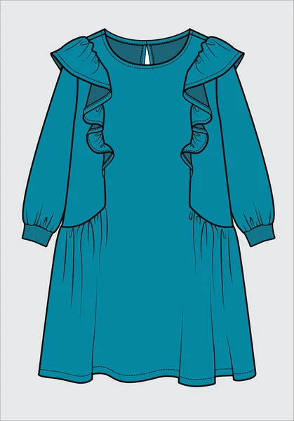 Fleece Dress Con Frill Para Niñas Niñas Vector Editable — Vector de stock