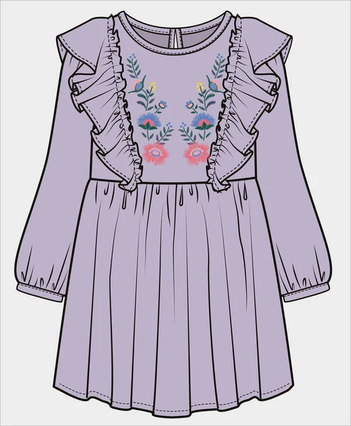 編集可能なベクトルファイルの女の子のためのスレッド刺繍デザインフリルドレス — ストックベクタ