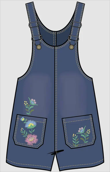 Denim Line Dungaree Pocket Embroiderájal Gyermekek Teen Girls Szervezeti Vector — Stock Vector