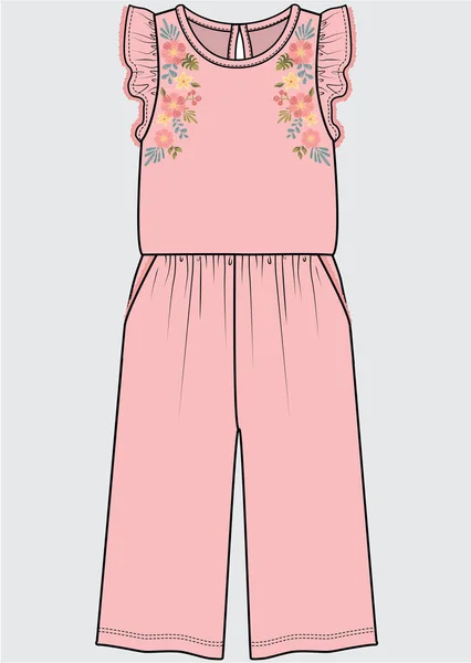 Frill Sleeves Cropped Jumpsuit Embroidered Kid Girls Teen Girls Editable — Stock vektor