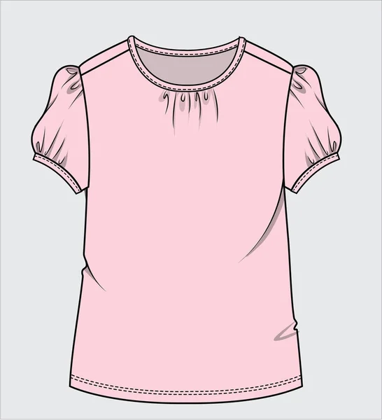 Puff Sleeves Knit Top Gathers Neckline Flat Sketch Teen Girls — Stock vektor