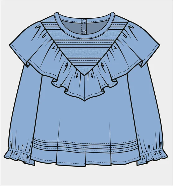 Frilled Long Sleeves Woven Top Pintuck Yoke Kid Girls Toddler — Image vectorielle