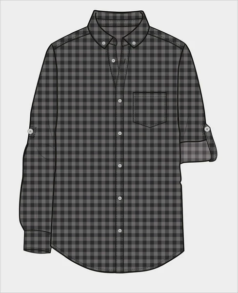 Button Collar Turn Sleeves Gingham Shirt Men Boys Editable Vector — Stockový vektor