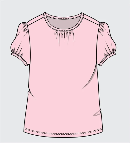 Puff Sleeves Knit Top Gathers Neckline Flat Sketch Para Niñas — Vector de stock