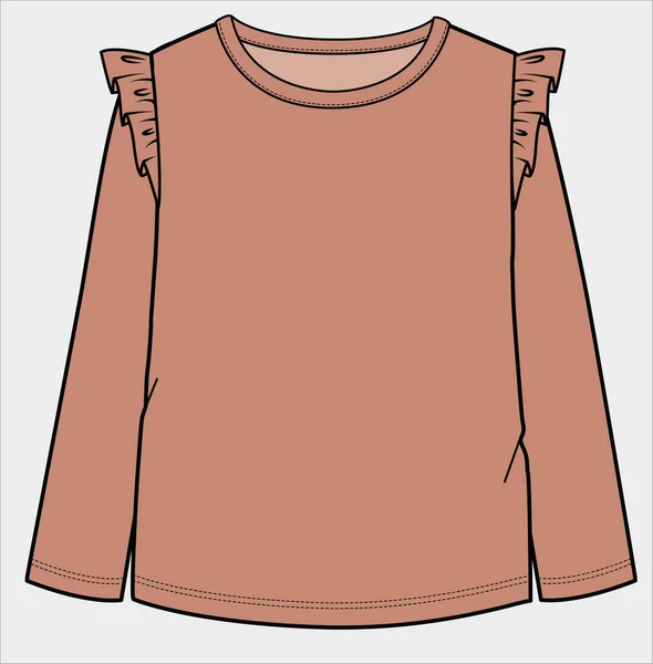Long Sleeves Frilled Knit Top Kid Girls Teen Girls Editable — Stock Vector