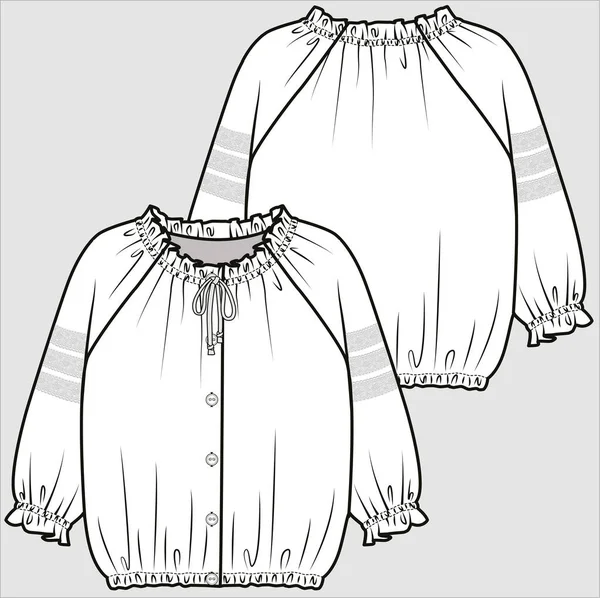 Raglan Sleeves Front Tie Blouse Kid Girls Teen Girls Editable — Stockový vektor