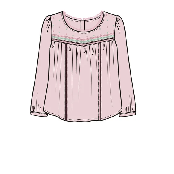 Longa Sleeves Embroidered Yoke Lace Detail Woven Top Kid Girls — Vetor de Stock