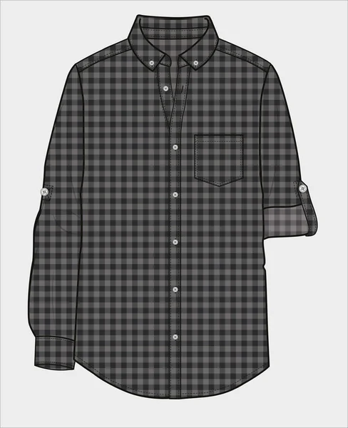 Button Collar Turn Sleeves Gingham Shirt Men Boys Editable Vector — Stock Vector