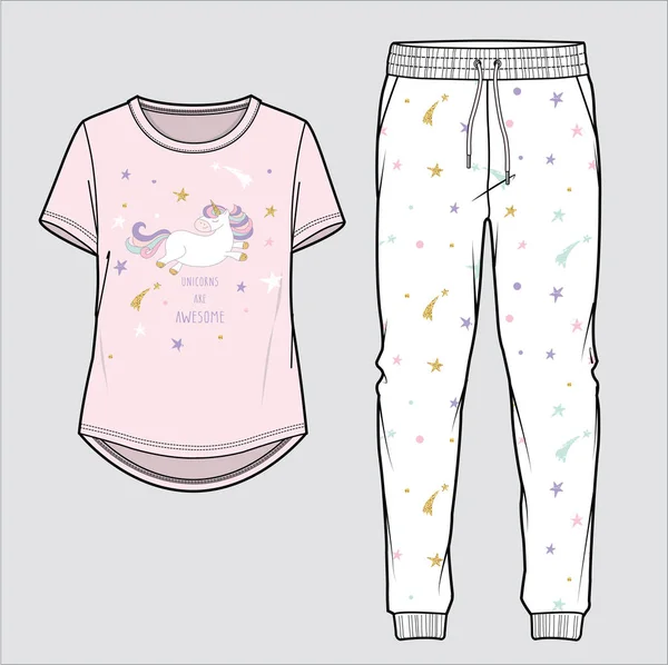 Unicorn Graphic Top Stars Seamless Pattern Bottom Pyjama Set Women — стоковий вектор