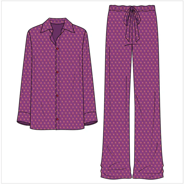 Platt Skiss Womens Satin Matching Pyjama Set Retro Seamless Tryck — Stock vektor