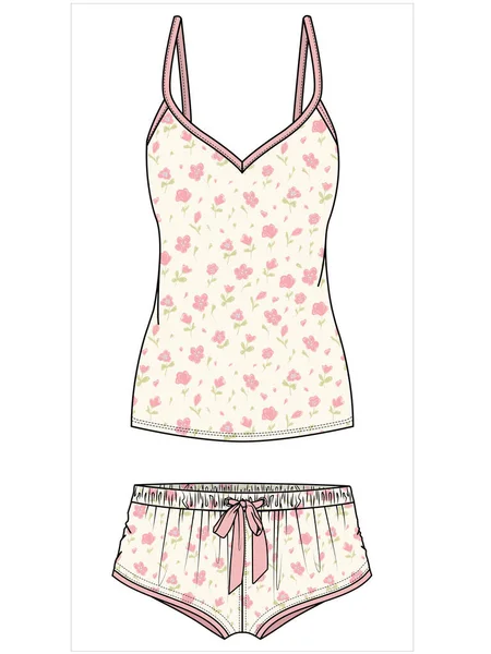Pink Floral Cami Und Shorts Matching Nightwear Set Für Frauen — Stockvektor