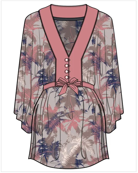 Oorlog Kimono Met Satin Trim Loungewear Voor Vrouwen Editabel Vector — Stockvector