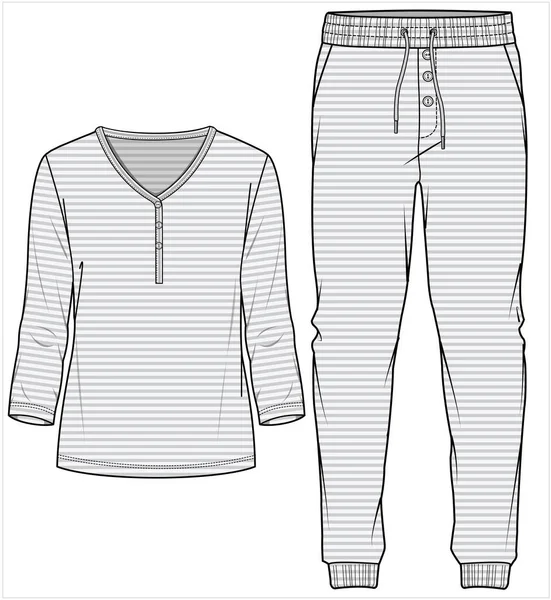 Ženy Striped Tee Joggers Front Placket Nightwear Set Editable Vector — Stockový vektor