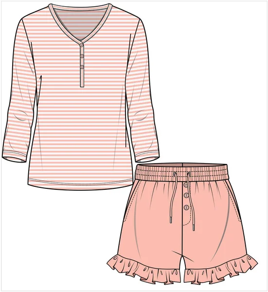 Women Teen Girls Tees Shorts Nightwear Set Editable Vector File — Stock Vector