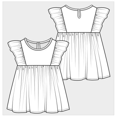 Küçük kız için güzel bir elbise. Vektör çizimi. Arkadan ve önden
