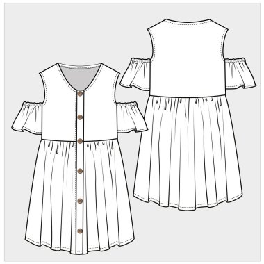 Küçük kız için güzel bir elbise. Vektör çizimi. Arkadan ve önden
