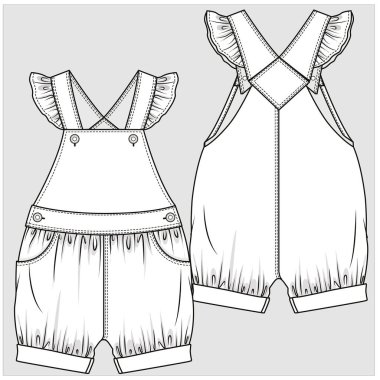 Düzenlenebilir vektörde kız tulumunun ön ve arka görünümü