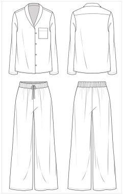 Resort yakası uzun kollu geniş bacaklı alt eşleşmeli pijama düzenlenebilir vektör dosyası, ön ve arka görünümde kadınlar için ayarlandı