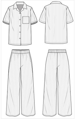 Tasma ve kısa kollu üst ve alttaki alevli pijama düzenlenebilir vektör dosyası, ön ve arka görünümde kadınlar için ayarlandı