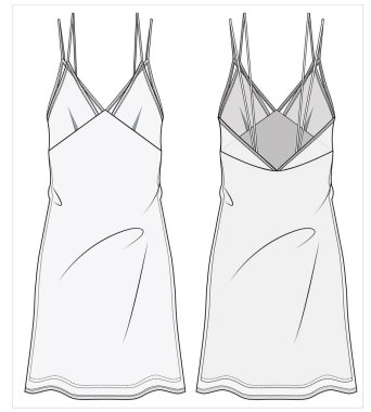 Düzenlenebilir vektör dosyası, ön ve arka plan görünümündeki kadınlar için gece giysisinin düz çizimi