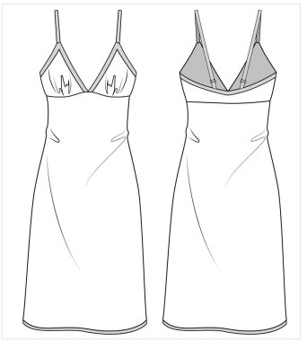 Düzenlenebilir vektör dosyası, ön ve arka plan görünümündeki kadınlar için gece giysisinin düz çizimi