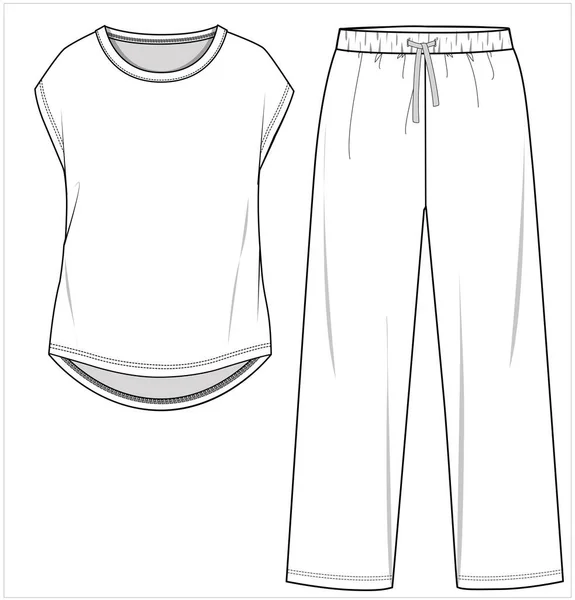 Tee Och Pajama Flat Sketch Nightwear Set Women Teen Girls — Stock vektor