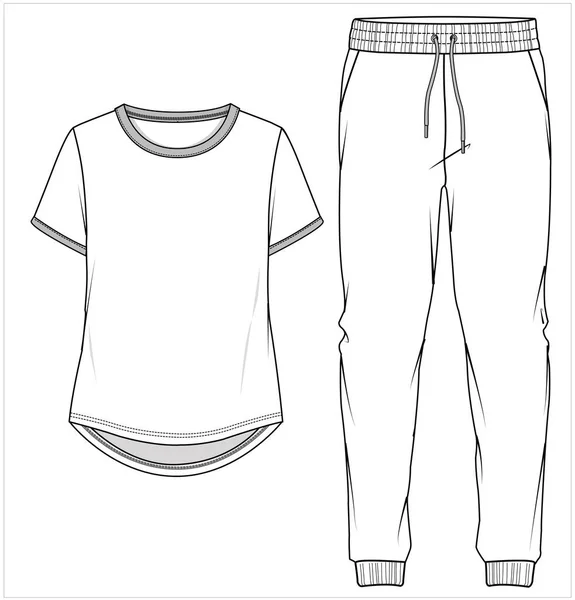 Tee Και Pajama Flat Sketch Nightwear Set Women Teen Girls — Διανυσματικό Αρχείο