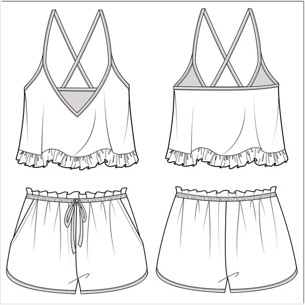 Women Cami Shorts Flat Sketch Nightwear Set Women Teen Girls — Stock Vector