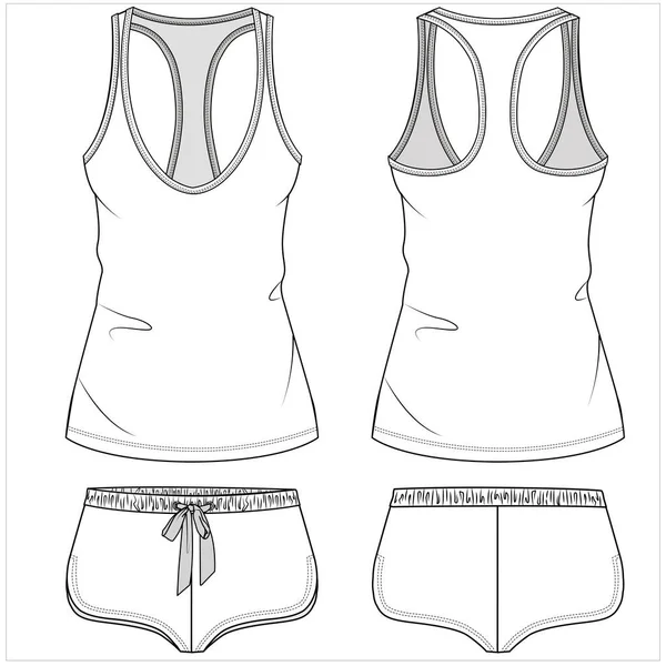 Cut Sew Panel Sleeveless Shorts Nightwear Set Women Teen Girls — Stock Vector