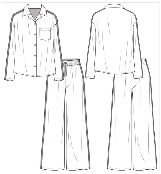 Resort Collar Long Sleeves Top Wide Leg Bottom Matching Pajama — Stock Vector