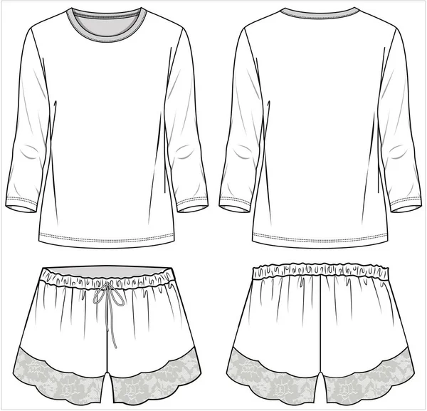 Women Long Sleeves Tee Lacy Shorts Nightwear Set Editable Vector — Stock Vector
