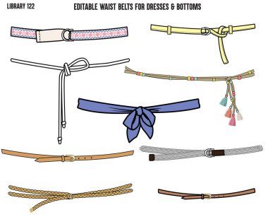 set of drawstring tie ups and belts used for wait band designed for garments dresses tops and apparels clipart
