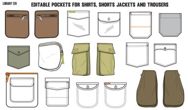 Giysi, giysi, kot pantolon, ceket, kargo, pantolon, pantolon, ceket ve spor ceketler için farklı tipte cepler.