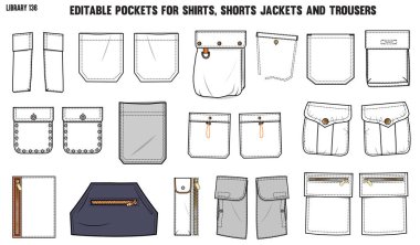 Giysi, giysi, kot pantolon, ceket, kargo, pantolon, pantolon, ceket ve spor ceketler için farklı tipte cepler.