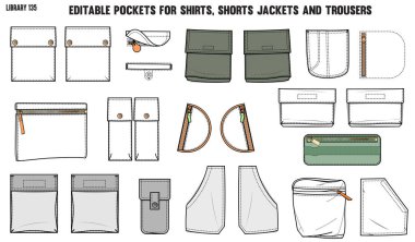 Giysi, giysi, kot pantolon, ceket, kargo, pantolon, pantolon, ceket ve spor ceketler için farklı tipte cepler.