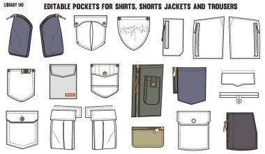 Giysi, giysi, kot pantolon, ceket, kargo, pantolon, pantolon, ceket ve spor ceketler için farklı tipte cepler.