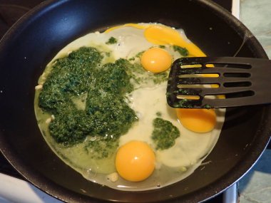 Ispanaklı ev yapımı sağlıklı kahvaltı yumurtaları.