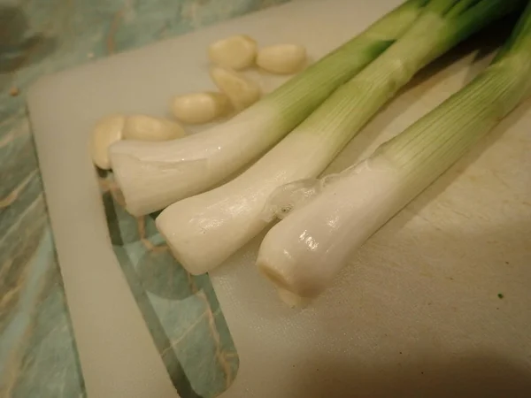 Cutting Green Onion Leek Cooking — Stock Photo, Image