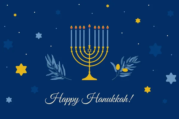 Traditional Hanukkah holiday symbols - menorah, David star, olive branches. Illustration for card, banner