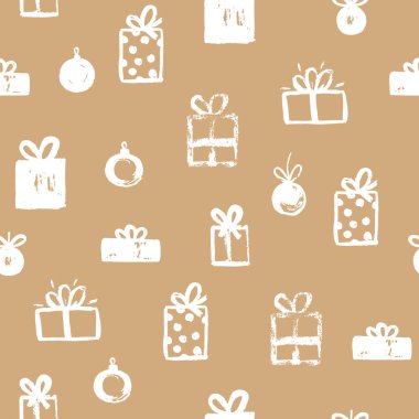 Hediye kutuları ve noel topu pürüzsüz desen. Baskı, ambalaj kağıdı ve posterler için şenlikli tasarım