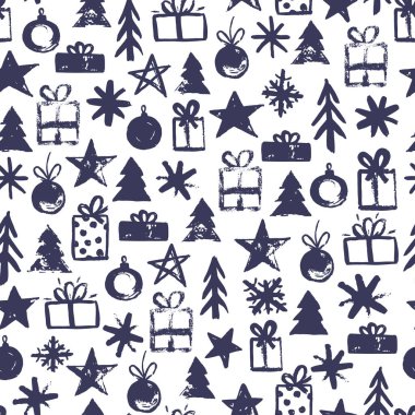 Elle çizilmiş kar taneleri, toplar, hediyeler, ağaçlar, yıldızlar. Noel elementleri