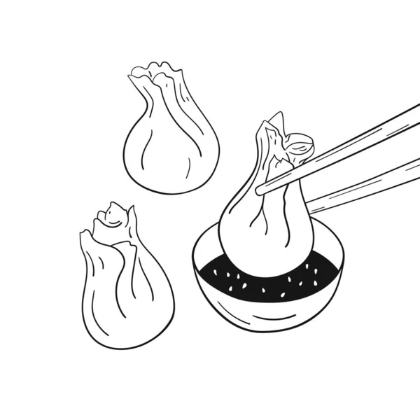Wontons Ilustración Monocromática Dibujada Mano Dumplings Cocina China Japonesa Coreana — Archivo Imágenes Vectoriales