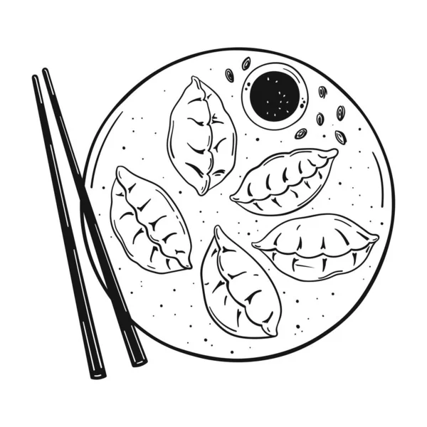 Traditional Asian Dumplings Hand Drawn Sketches Chopstick Sauce Isolation White — Stock Vector