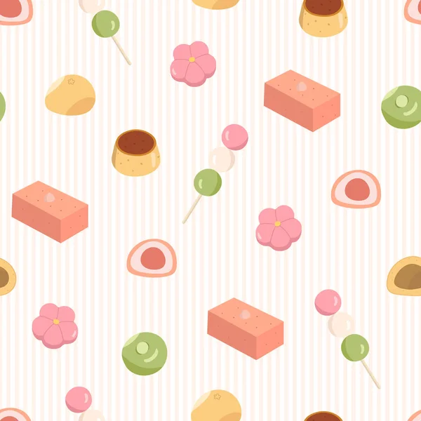 Seamless Pattern Different Japanese Sweets Dango Mochi Wagashi Yokan Purin — Stock Vector