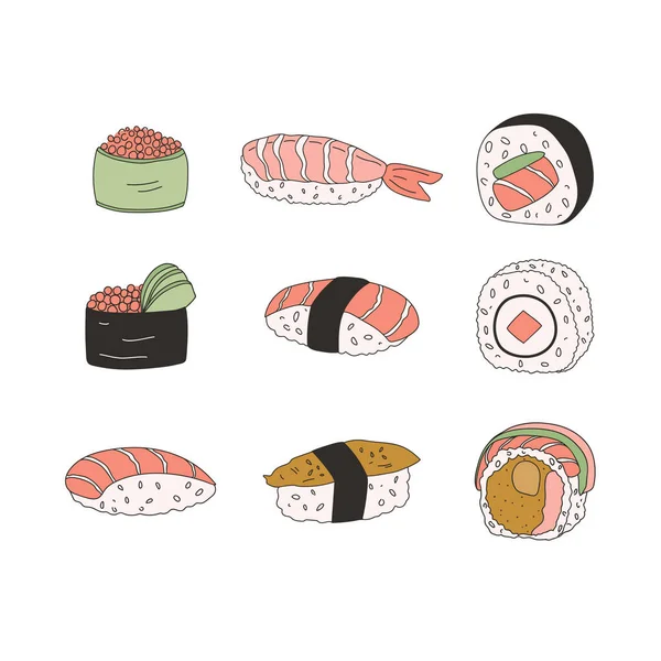 Conjunto Vetorial Colorido Desenhado Mão Diferentes Tipos Sushi Comida Japonesa — Vetor de Stock