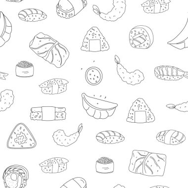 Asya yemekleri kusursuz desenli tasarım. Hamur köfteleri, suşi, onigiri, tempura karidesleri ve lahana rulolarının ana tasviri.